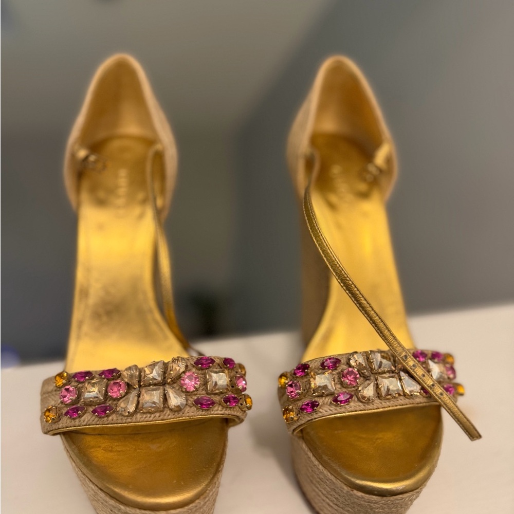 Gucci Gold Wedges with Pink Accents